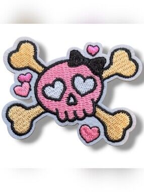 NWT Goth Punk Pink Heart Eyes Skull and Crossbones Iron On Patch